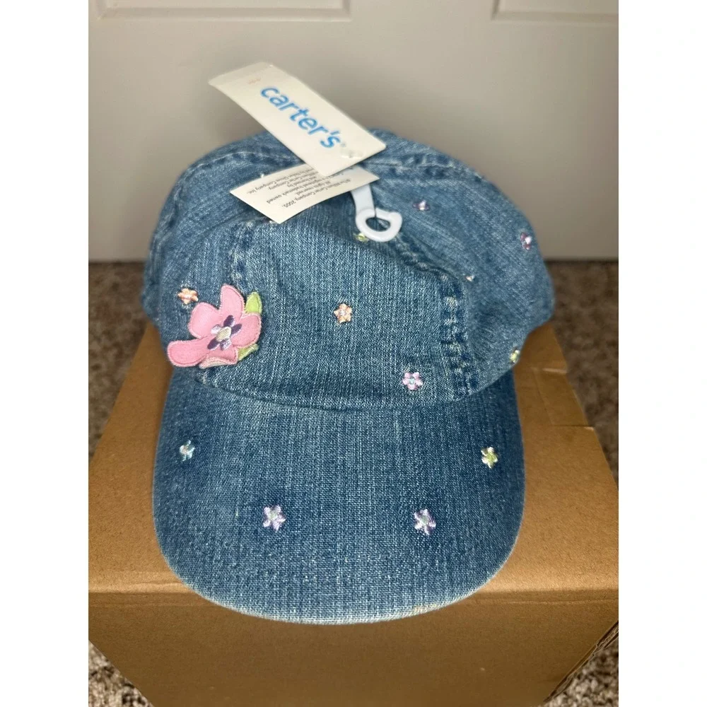 Carters Kids Denim Floral Embroidered Baseball Cap Hat with Back Bow Blue 4-6X